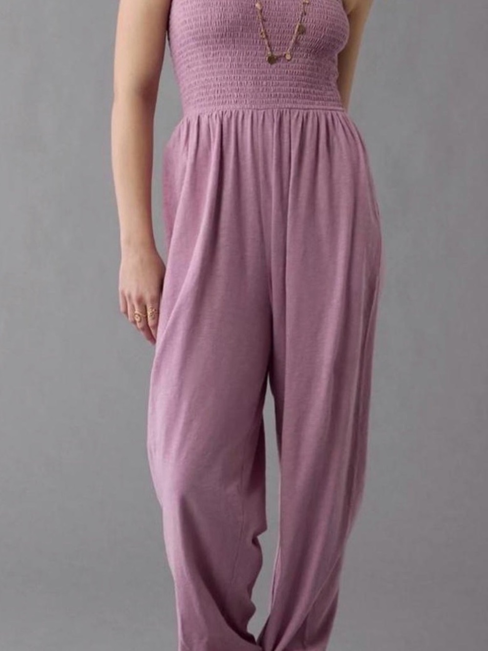 American Eagle Outfitters Strapless Smocked Jumpsuit in Mauve